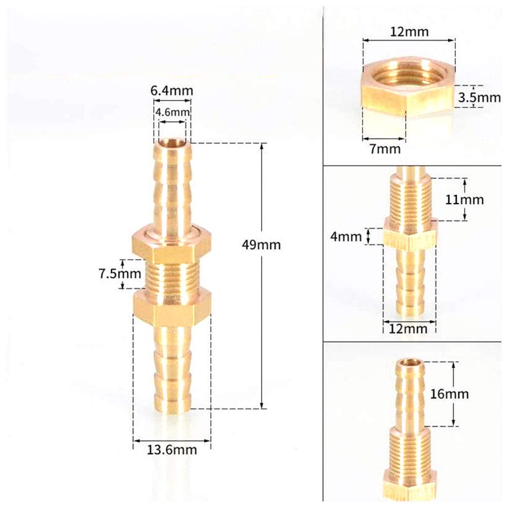 Straight Barbed Connector 2PCS 1/4Inch ID Hose Barb Bulkheads Hex Union Brass Barbed Fitting Connectors with Flat Washer