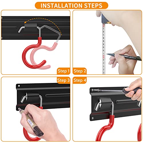 All Metal 64 Inch Wall Mount Garden Tool Organizer for Garage, Mop and Broom Holder, Yard Tool Storage Rack for Rake, Shovel, Spade, Mop, Broom(4 Rails, 16 Hooks)