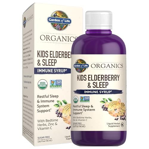 Organics Elderberry Immune Support for Kids with Zinc, Vitamin C - Kids Elderberry &amp; Sleep Immune Syrup Liquid, Bedtime Herbs for Children, No Alcohol, No Added Sugar, 3.92 fl oz