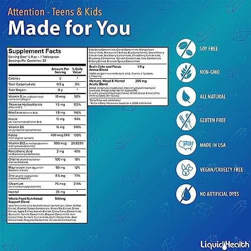 Attention Liquid Multivitamin for Kids &amp; Teens - Improves Memory Retention, Concentration, Focus, Mood, Relaxation &amp; Calming - Great Taste, Vegan, Sugar-Free (16 oz)