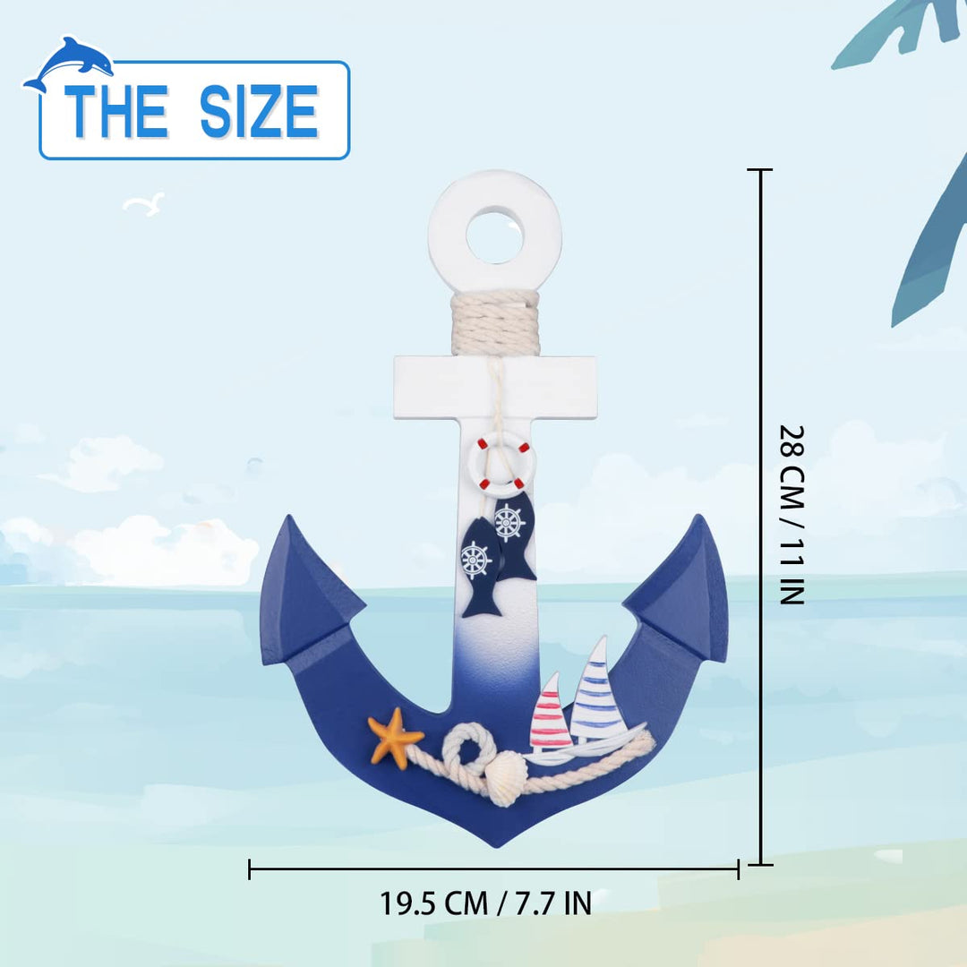 2 Pack 11 Nautical Beach Wooden Ship Wheel and 11 Wooden Anchor with Rope Nautical Boat Steering Wheel Rudder Anchor Wall Art Decor Door Hanging Ornament Beach Theme Home Decoration(White&amp;Blue)