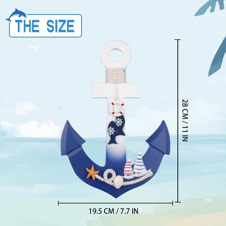 2 Pack 11 Nautical Beach Wooden Ship Wheel and 11 Wooden Anchor with Rope Nautical Boat Steering Wheel Rudder Anchor Wall Art Decor Door Hanging Ornament Beach Theme Home Decoration(White&amp;Blue)