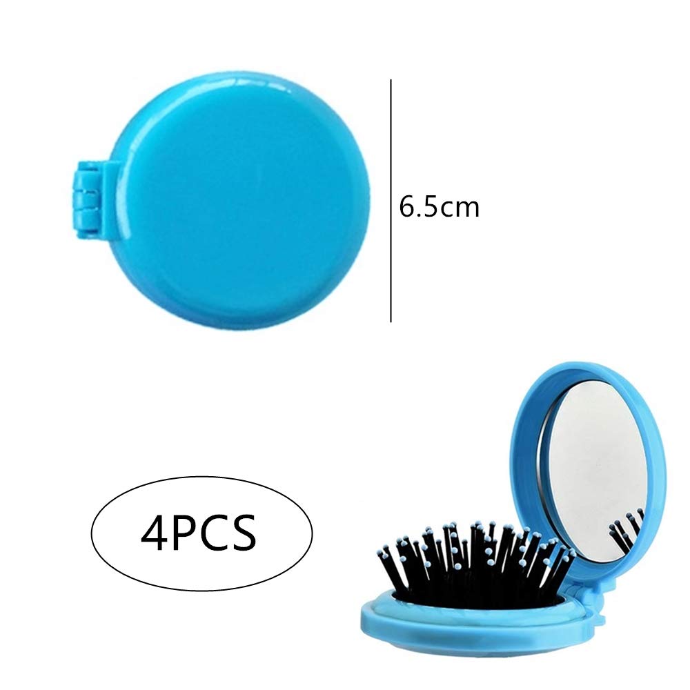 4 Pcs Pocket Hair Brush with Mirror Folding Round Travel Hair Brush Mini Hair Comb Compact Travel Size Hair Massage Combor for Women and Girls, Black