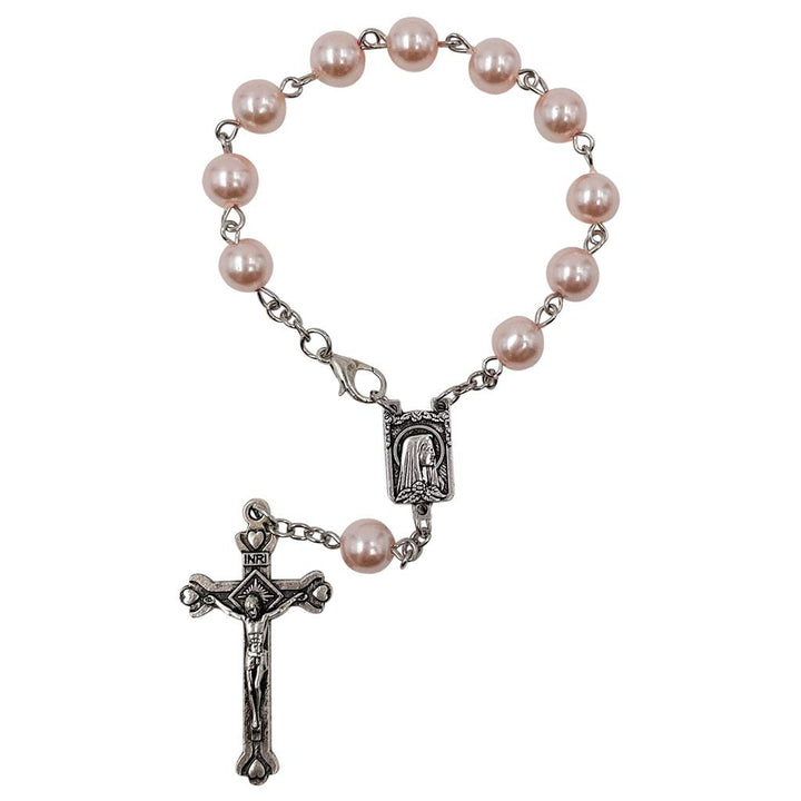 One Decade Auto Rosary for Rearview Mirror Pink Pearl Glass Beads Catholic Bracelet Our Lady of Lourdes Centerpiece Religious Gift Car Truck Travel Protection