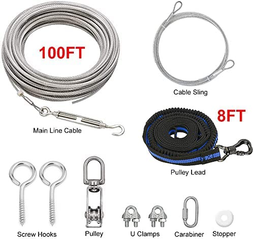 Dog Tie Out Cable, 100ft Dog Trolley Runner Cable for Dogs up to 250lbs, Dog Lead for Yard, Camping, Outdoor, with 8 Ft Nylon Bungee Runner, Cable Sling to Protect Trees