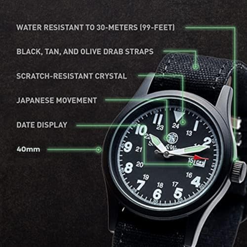 Smith &amp; Wesson Men&#39;s Military Watch, 3 Interchangeable Canvas Straps, 3 ATM Water Resistant, Date Display, Scratch Resistant Glass, Suitable for Outdoor Activities, Swimming, 38 mm, Christmas Gift
