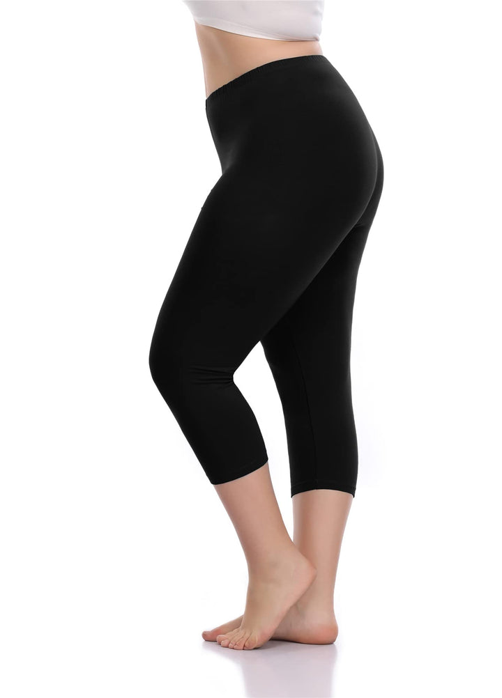 Women&#39;s Capri Leggings Plus Size Stretch and Comfy High Waisted Three-Quarter Leggings Plus Black