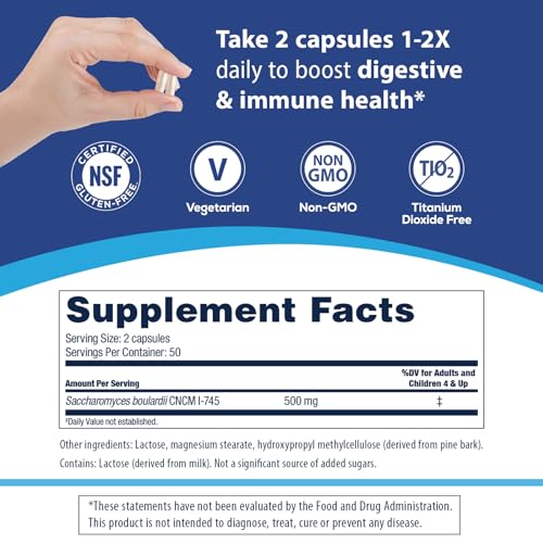 Probiotics for Digestive and Immune Health, 100 Capsules, Probiotics for Women &amp; Men, Helps Flush Out Bad Bacteria, Boosts The Good with Our Unique Strain Saccharomyces Boulardii