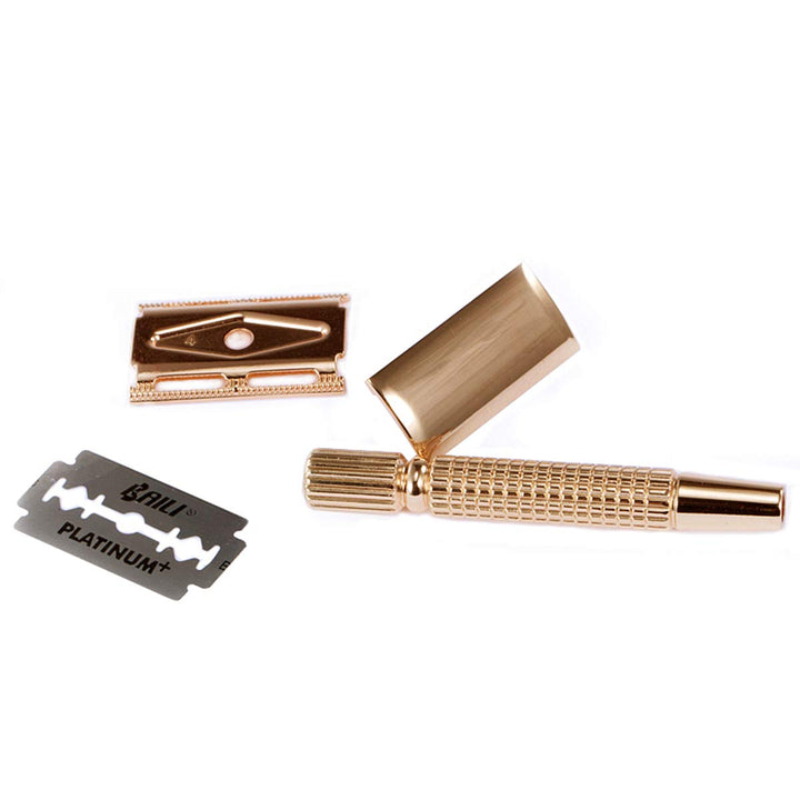 Men&#39;s T-Shaped Shaving Safety Razor Shaver Handle Trimmer Knife Beard Care +1 Blade +1 Mirror Travel Case Gold