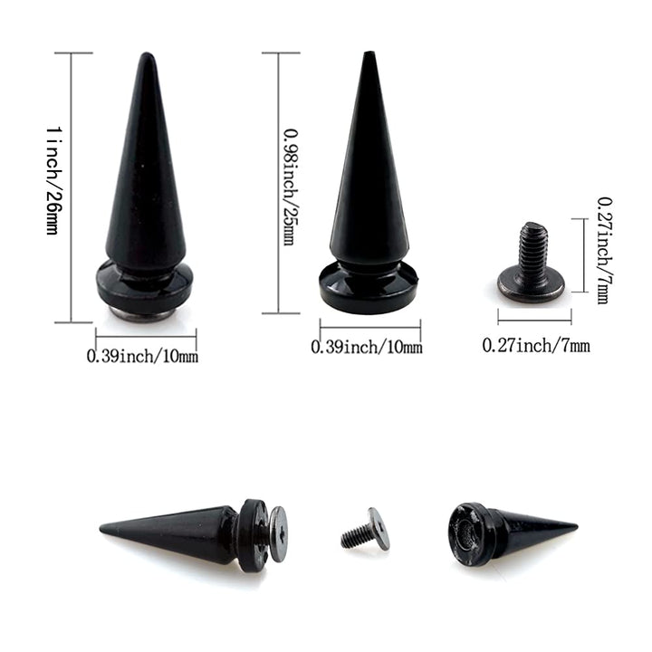 40 Pairs Black Cone Spikes Punk Rivets and Screwback Studs Metal Bullet Spikes Studs for Clothing DIY Leather Craft