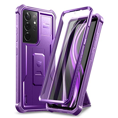 for Samsung Galaxy S21 Ultra Case, [Built in Screen Protector and Kickstand] Heavy Duty Military Grade Protection Shockproof Protective Cover for Samsung Galaxy S21 Ultra 5G, 6.8 inch Purple