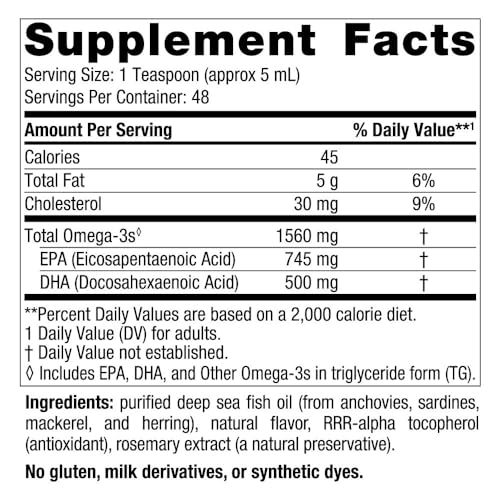 Omega-3, Lemon Flavor - 8 oz - 1560 mg Omega-3 - Fish Oil - EPA &amp; DHA - Immune Support, Brain &amp; Heart Health, Optimal Wellness - Non-GMO - 48 Servings