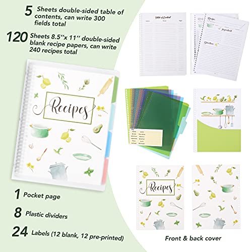 Recipe Book to Write in Your Own Recipes, 8.5 x 11 Personal Blank Recipe Notebook, Removable Hardcover Recipe Journal Book Binder with 8 Dividers and 24 Tabs, Hold up to 240 Recipes