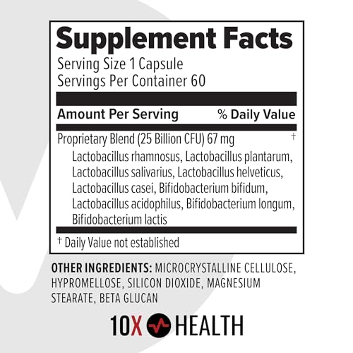 10X Health Probiotics - Immune Support Supplement &amp; Probiotics for Digestive Health w/Lactobacillus Acidophilus, Rhamnosus &amp; Bifidobacterium Longum, Dietary Supplements w/Essential Enzymes (60 Caps)