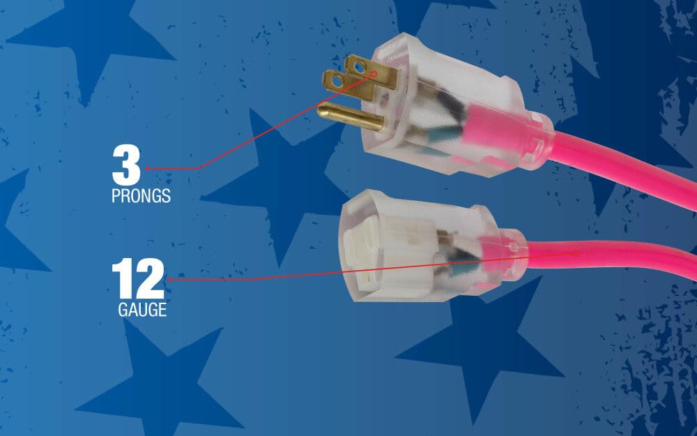 Coleman Cable 02579-03 100-Feet 12/3 Neon Outdoor Extension Cord, Bright Pink