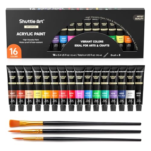 Acrylic Paint Set, 16 x12ml Tubes Artist Quality Non Toxic Rich Pigments Colors Great for Kids Adults Professional Painting on Canvas Wood Clay Fabric Ceramic Crafts