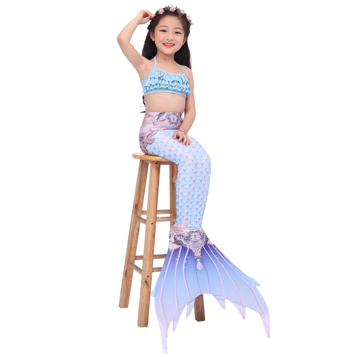 6PCS Set Swimsuit Girls Mermaid Tails for Swimming Bathing Suit Swimwear Swimsuit Bikini Set Mermaid Costume (11-12 Years, E315)