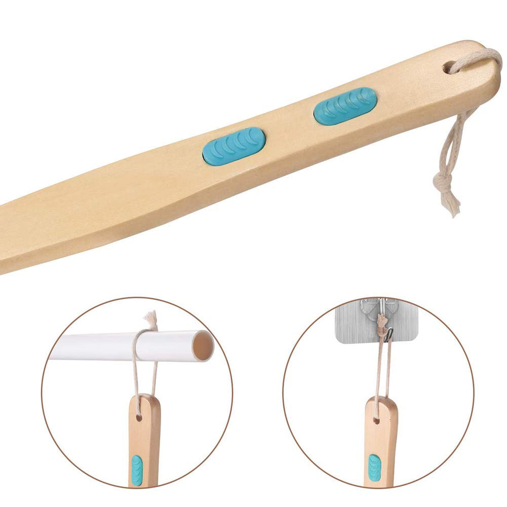 Bath Body Exfoliating Brush,Portable Shower Back Cleaning Scrubber with Long Wooden Handle, Double-Sided Brush Head for Exfoliating Skin and A Soft Scrub