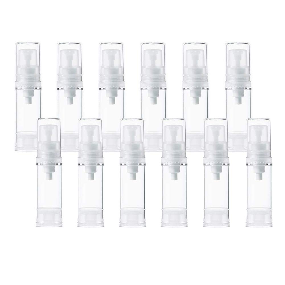 12Pcs Transparent Airless Pump Press Bottle Portable Plastic Vacuum Bottle Empty Refillable Sample Travel Container Jars Vials Pots Makeup Holder for Lotion Essence Emulsion Foundation (5ml/0.17oz)