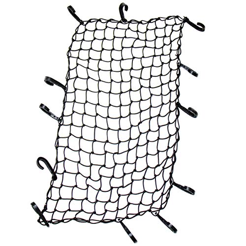 22x38 Cargo Net Stretches to 44x76, Latex Bungee Cargo Net with 2X2 Small Mesh and 12 Adjustable Plastic Hooks, for Car ATV Boat SUV Van Trailer Snowmobile (Black)