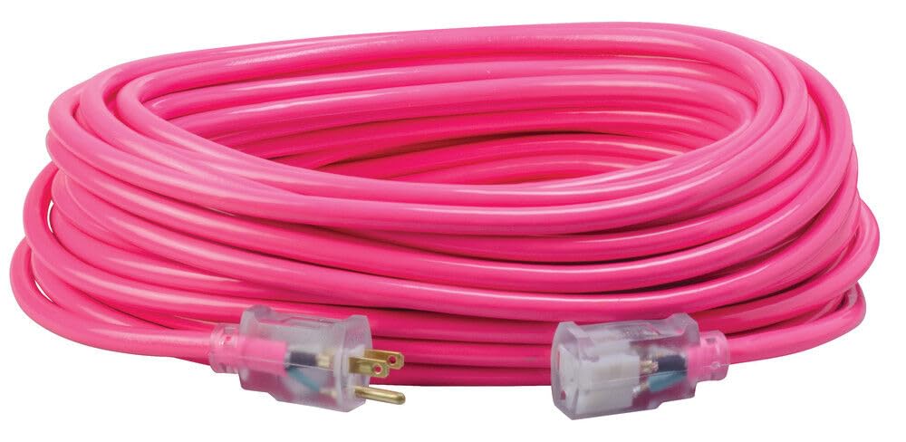 Coleman Cable 02579-03 100-Feet 12/3 Neon Outdoor Extension Cord, Bright Pink