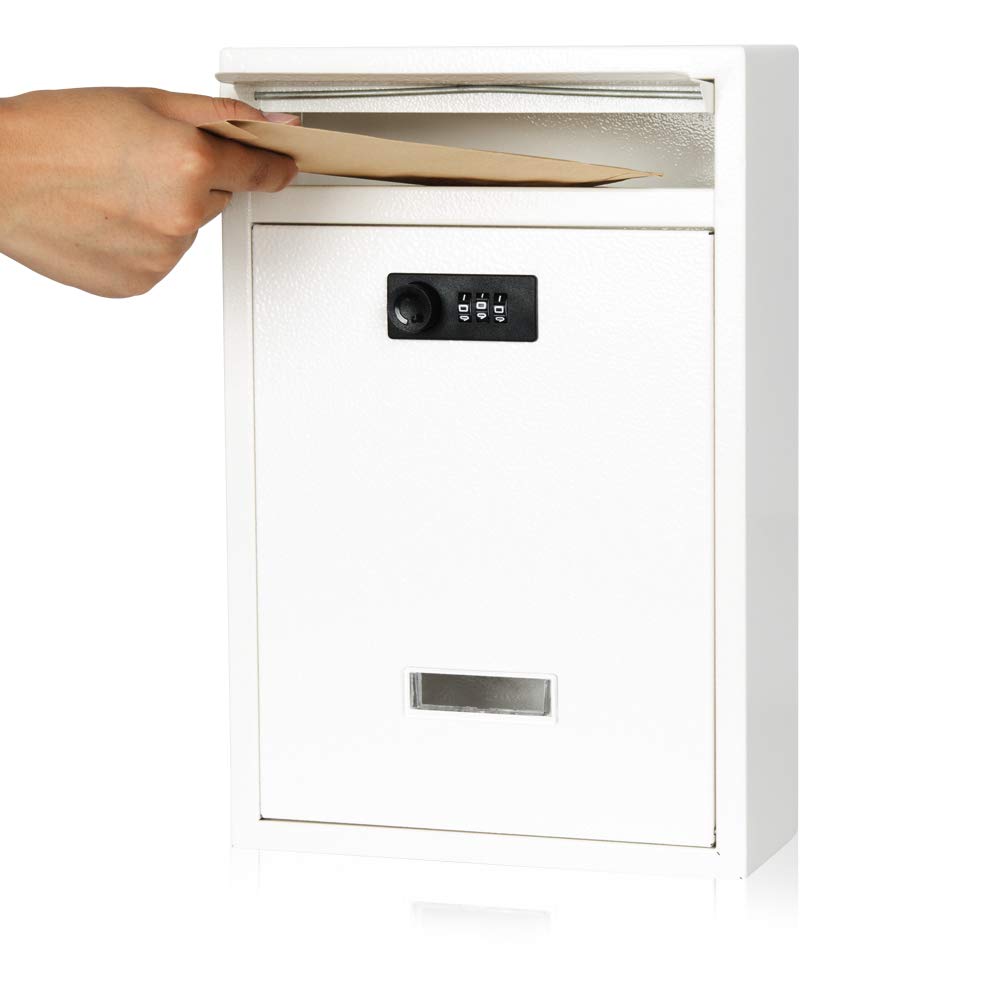 Locking Wall Mount Mailbox, Mail Boxes with Combination Lock for Outside, Security Drop Box with Code,12.4H x 8.54L x 3.35W Inches, White