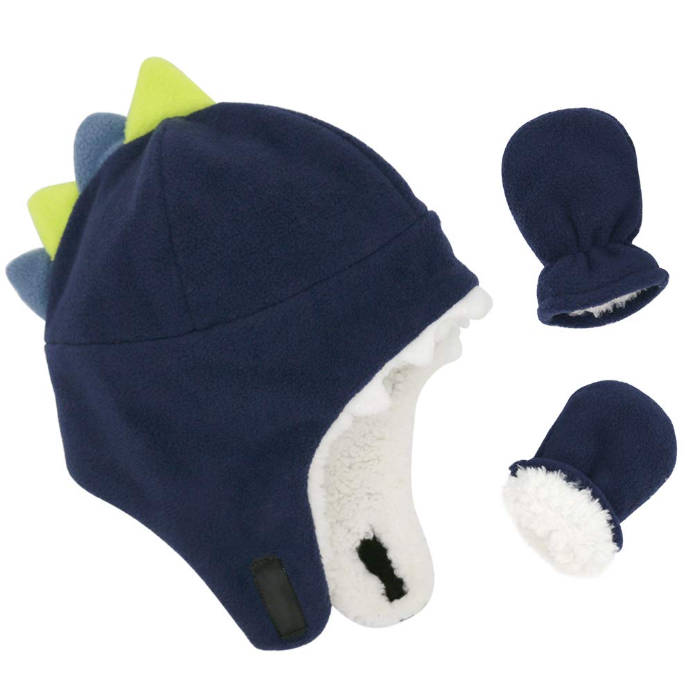 Baby Boy Sherpa Hats and Mittens Set Toddler Gloves Warm Fleece Winter Hat Baby Girl Dinosaur Navy 6-12 Months