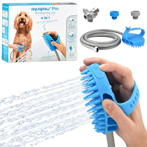 Pro Pet Bathing Tool – Large Sprayer and Scrubber in One – Works with Indoor Shower or Outdoor Garden Hose – for Large Dog and Cat Grooming – Hose and Shower Adapters Included & 8 Foot Hose