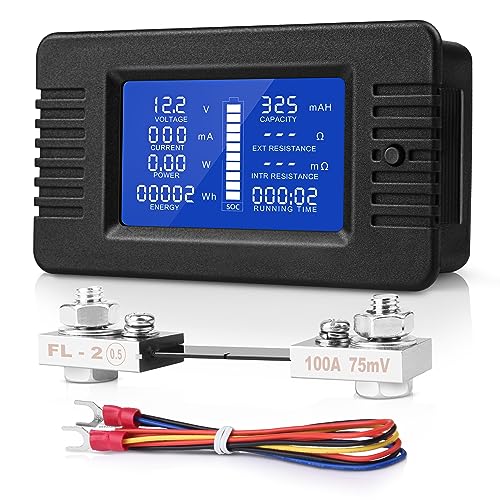 MNJ MOTOR DC 9 in 1 Battery Monitor Meter with Shunt, 0-200V 0-100A LCD Display Digital Current Voltage Power Energy Meter, Easy Installation Multimeter Voltmeter Ammeter for Cars RV Solar System