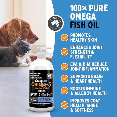 100% Pure Omega 3 Fish Oil for Dogs & Cats - Omegease Supplement for Skin & Coat, Itching, Shedding, Joints & Immune Health (16 oz)