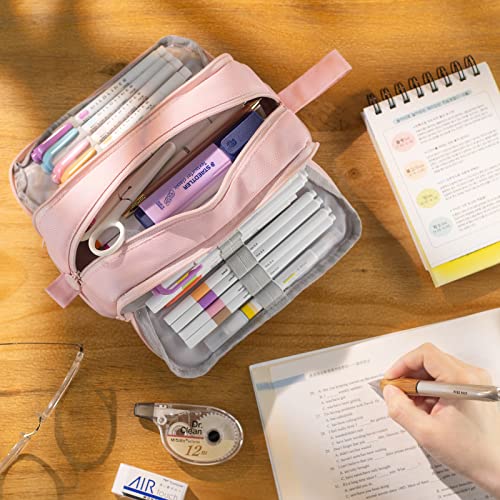 Large Capacity Pen Pencil Case with 4 Compartments, Multi-Slot Pencil Pouch Bag Aesthetic School Supplies Organizer for Teen Girls, Women, Adults (Pink)
