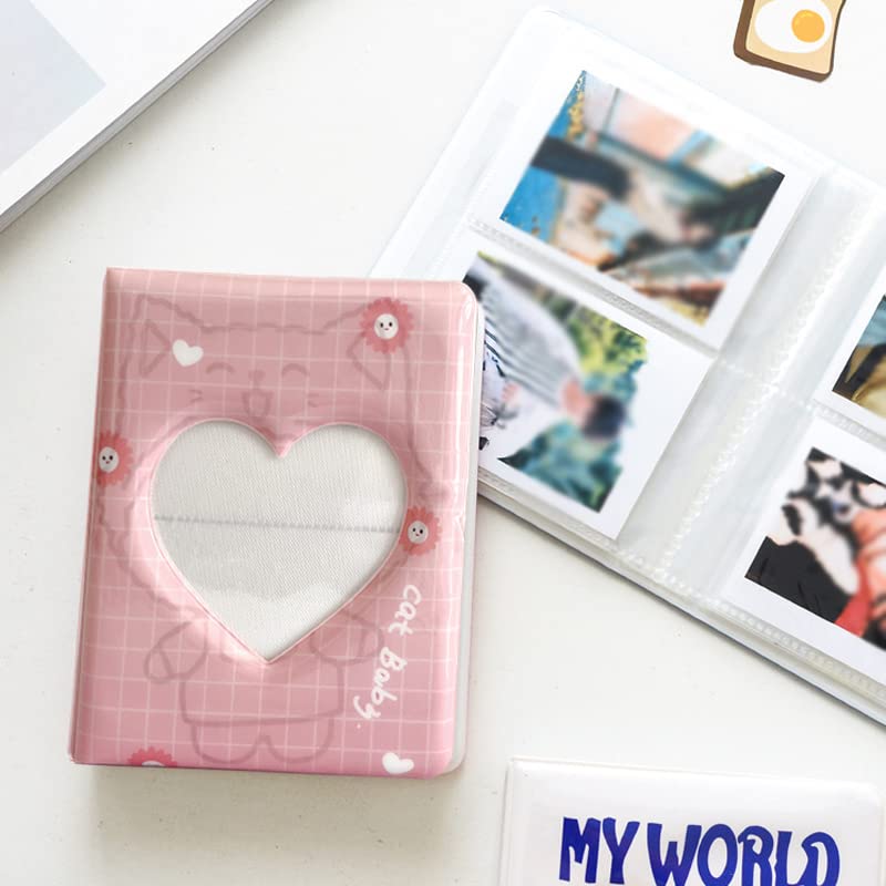 3 Inch Mini Photo Album, Kpop Photocard Holder for Fujifilm Instax Camera, Love Heart Hollow Photocard Id Holder, Business Card Book Holder 64 Pockets (Pink Cat) XW01