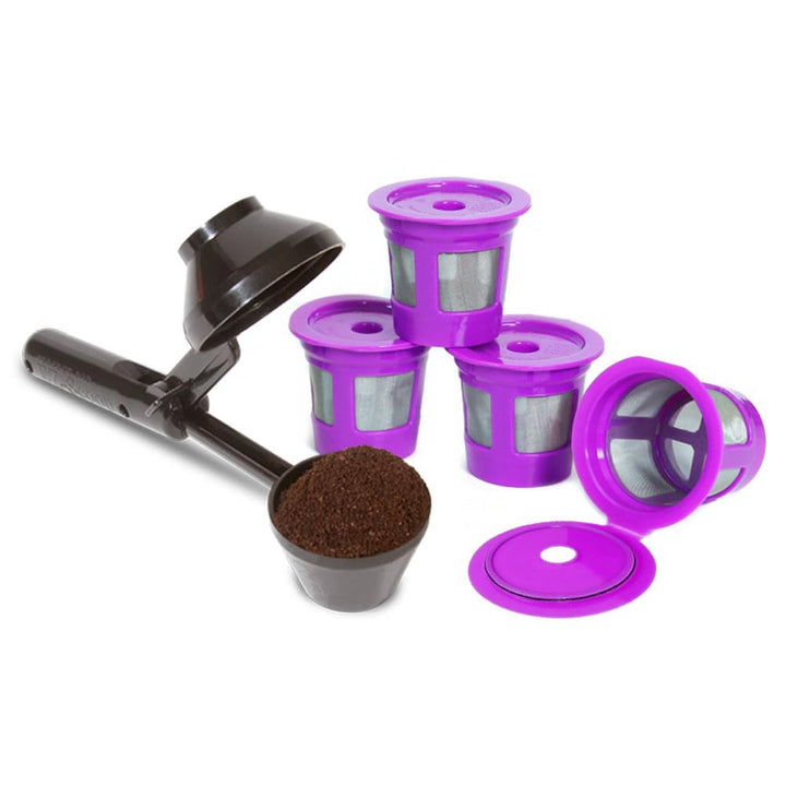 2-Item Bundle: 4-Pack Cafe Save Reusable K Cup Coffee Filters + EZ-Scoop 2 Tbsp Scoop with Integrated Funnel, Refillable Pod Capsule For Use with Keurig &amp; Select Single Cup Coffee Maker