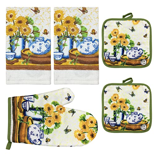 Kitchen Sunflower Dishtowel and Oven Mitts Set | Sunflower Kitchen Décor and Accessories| Sunflower Tea Towels with Oven Mitts and Pot Holders Sets | Sunflower Kitchen Towels Set with Mitts