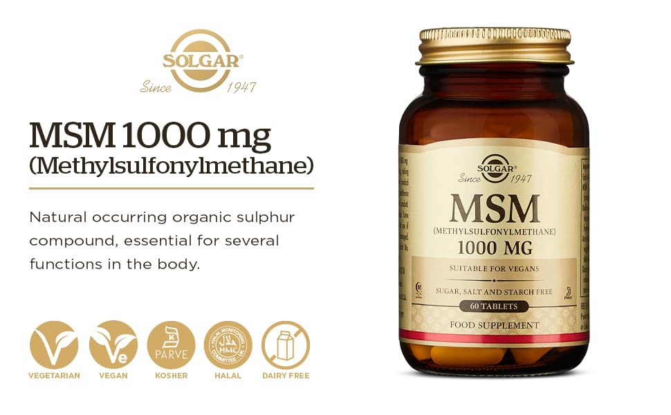 Solgar MSM 1000 mg - 120 Tablets - Supports Joints &amp; Connective Tissue - Non-GMO, Vegan, Gluten Free, Dairy Free, Kosher, Halal - 120 Servings