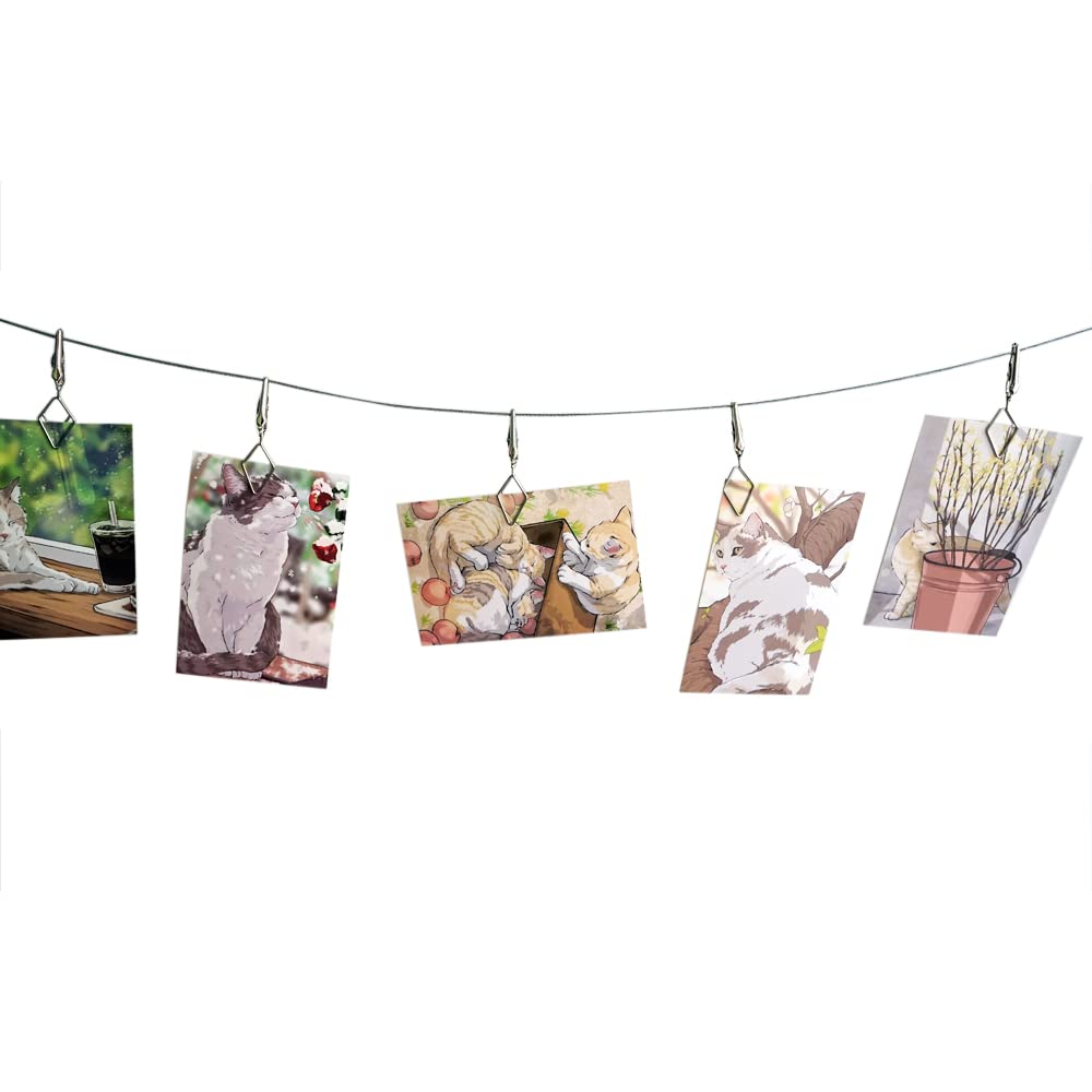 Multi-Purpose Steel Wall Hanging Photo Display Cable Wire Rod with 12 Adjustable Clips for Hanging Photos Notes Postcard and Artworks (Rhombus)