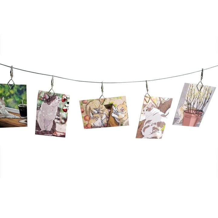 Multi-Purpose Steel Wall Hanging Photo Display Cable Wire Rod with 12 Adjustable Clips for Hanging Photos Notes Postcard and Artworks (Rhombus)