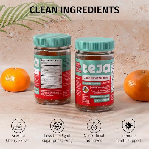 TEJA Immune Support Gummies for Teens with Vitamin D 2000IU, VIT C, Zinc, and Acerola. Low Sugar Supplement, Daily Immunity Multivitamin for Age 12-17 Teenagers to Adults. 30 Gummies