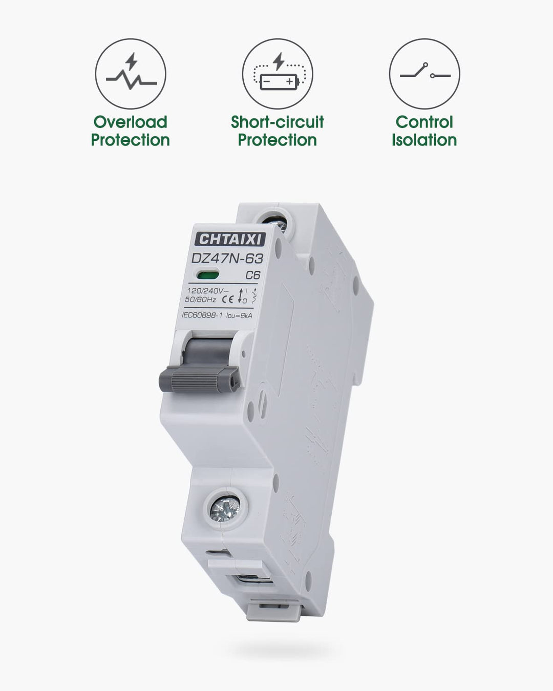 Chtaixi AC Miniature Circuit Breaker, 6 Amp 120V/240V 1 Pole DIN Rail Mount Circuit Breaker, Thermal Magnetic Trip, Solar AC Disconnect Switch MCB C6