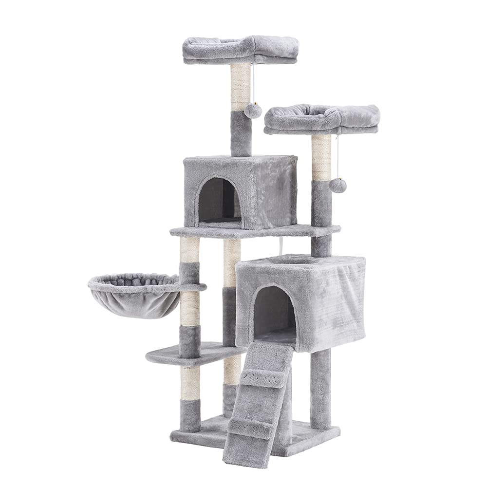 58'' Multi-Level Cat Tree Condo Furniture with Sisal-Covered Scratching Posts, 2 Plush Condos, Hammock for Kittens, Cats and Pets Light Gray MPJ013W