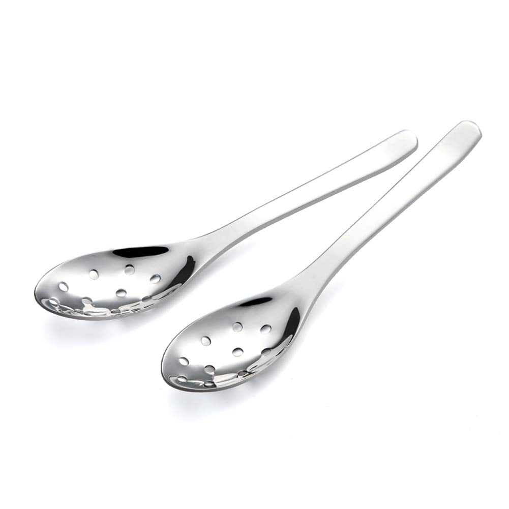 Small Slotted Spoons,Modern Stylish Thick Heavy-weight Short handle Stainless Steel 10 Holes Durable Caviar Spoon for Soup Cereals Dips Curry Sauces Stews, Set of 2