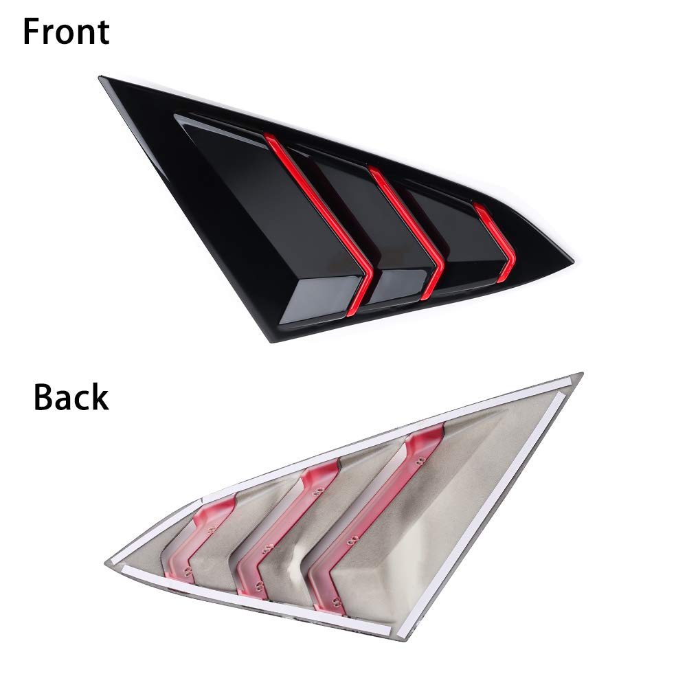 for 10th Gen Civic Rear Side Window Louvers Racing Style Triangular Window Glass Blinds Compatible with Honda Civic Sedan 2021 2020 2019 2018 2017 2016 -Piano Black with Red Trim
