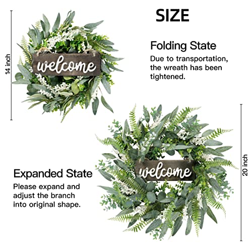 Green Eucalyptus Wreath with Welcome Sign 18in Artificial Eucalyptus Wreath Mixed White Berries Spring Summer Wreath for Front Door Wall Window Farmhouse Festival Porch Patio Garden Decor