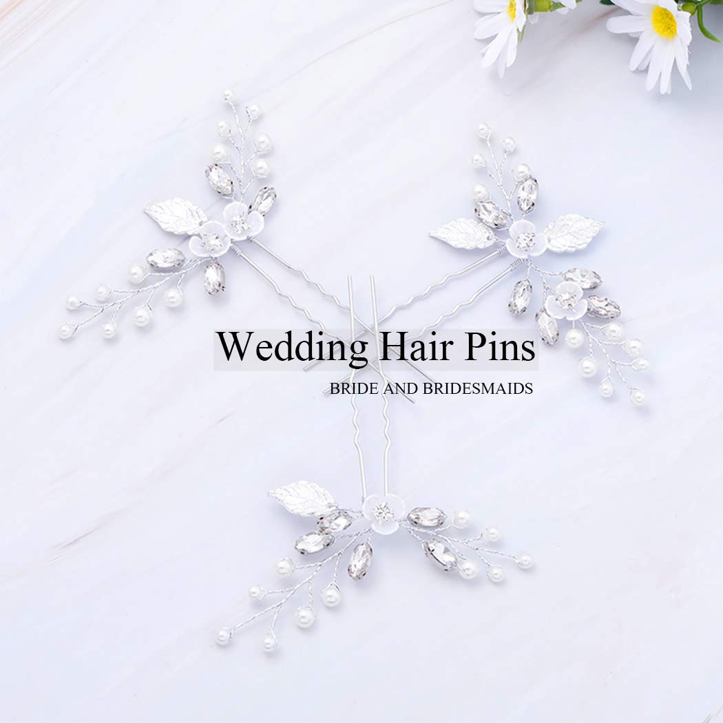 Jakawin Bride Wedding Flower Hair Pins Silver Bridal Hair Accessories Pearl Hair Piece for Women and Girls 3PCS HP035
