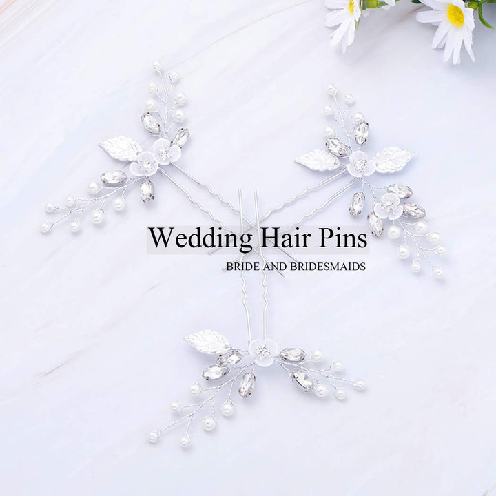 Jakawin Bride Wedding Flower Hair Pins Silver Bridal Hair Accessories Pearl Hair Piece for Women and Girls 3PCS HP035