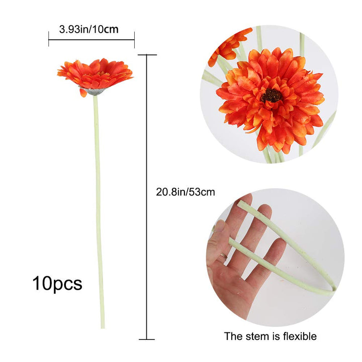 10PCS Fall Artificial Flowers Gerbera Daisies with Stem Orange Silk Flower Arrangement for Home Kitchen Autumn Party Wedding Greenery Fireplace Table Centerpieces