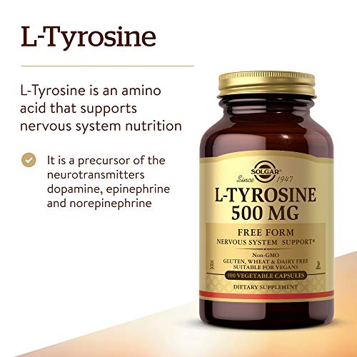 Solgar L-Tyrosine 500 mg, 100 Vegetable Capsules - Brain &amp; Nervous System Support - Vegan, Gluten Free, Dairy Free, Kosher - 100 Servings ,Standard Packaging