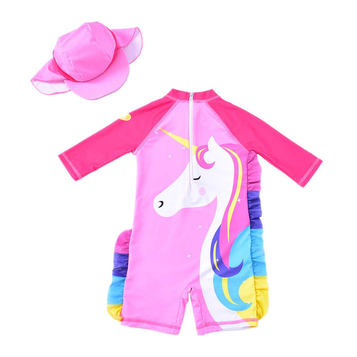 Baby Girl One Piece Swimsuit Sunsuit Long Sleeve Swimwear Rash Guard Toddler Kid Unicorn Bathing Suit Zip with Hat (4 Years/100) Pink