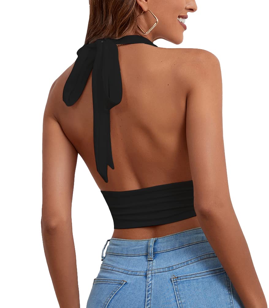 Women&#39;s Deep V Neck Halter Tie Back Sleeveless Backless Cami Crop Top Black Medium