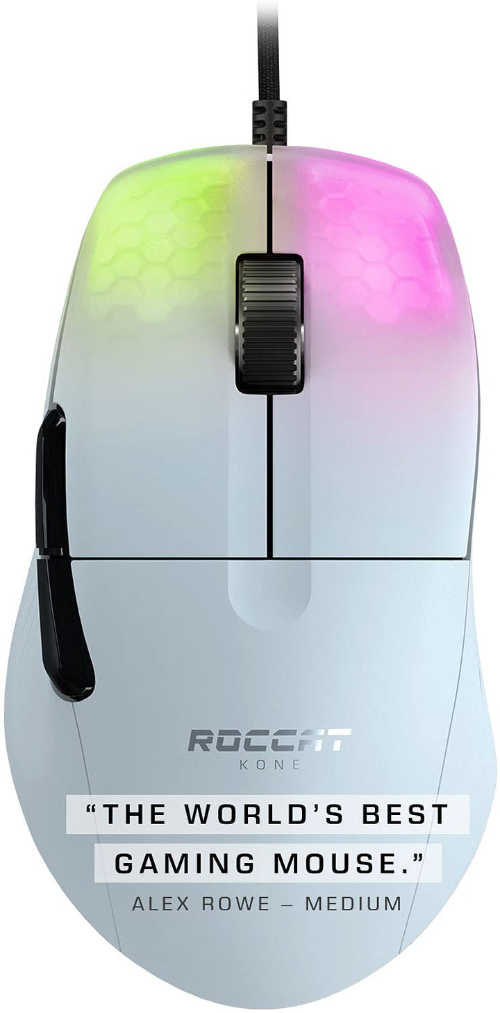 Kone Pro PC Gaming Mouse, Lightweight Ergonomic Design, Titan Switch Optical, AIMO RGB Lighting, Superlight Wired Computer Mouse, Titan Scroll Wheel, Bionic Shell, 19K DPI, White